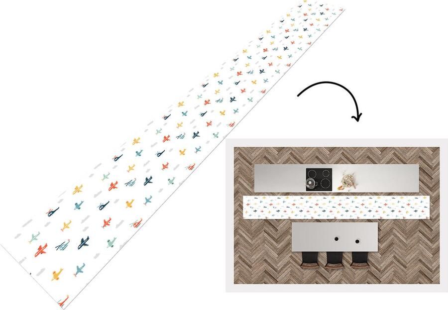 KitchenYeah Keukenloper Keukenmat Patronen Helicopter Vliegtuig 400x50 cm Keuken vloerkleed