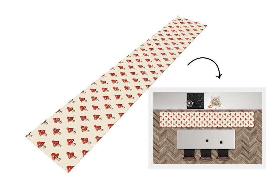 KitchenYeah Keukenloper Loper keuken Patronen Herfst Paddenstoel Rood 300x50 cm Keukenloper vinyl
