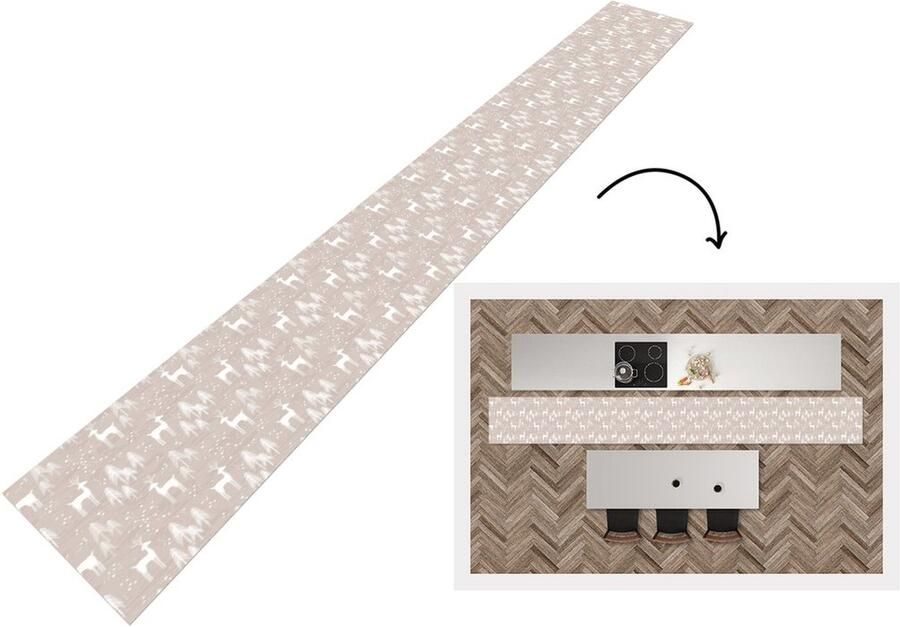 KitchenYeah Keukenloper Keukenmat Patronen Hert Wit Beige 480x60 cm Keuken vloerkleed