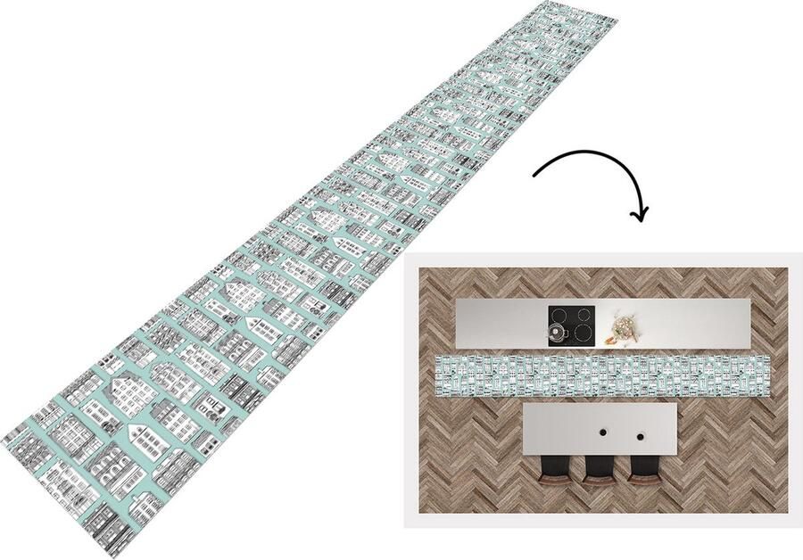 KitchenYeah Keukenloper Keukenmat Patronen Huis Skyline 400x50 cm Keuken vloerkleed