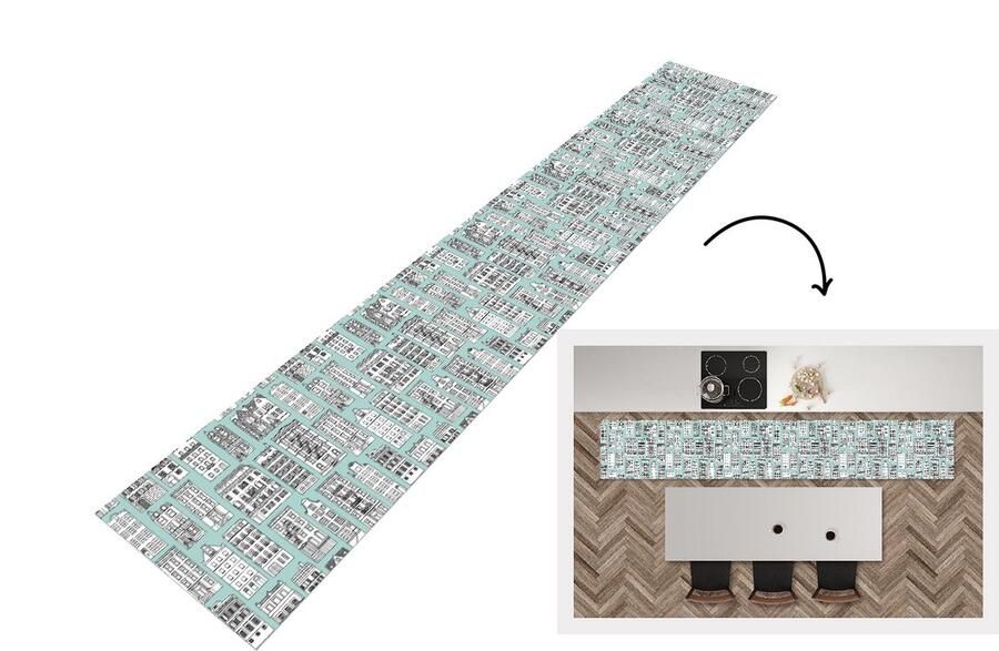 KitchenYeah Keukenloper Keukenmat Patronen Huizen Scandinavisch 360x60 cm Keuken vloerkleed