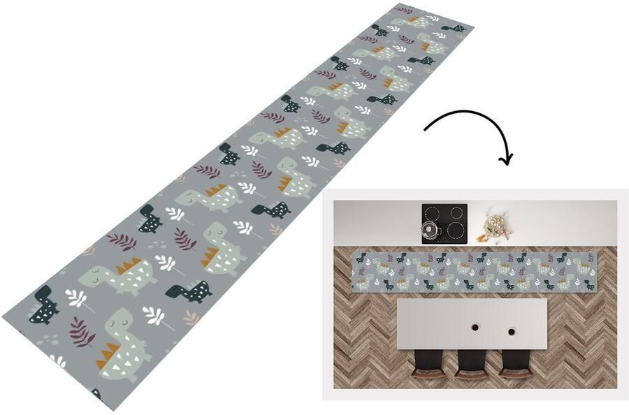 KitchenYeah Keukenloper Keukenmat Patronen Jongens Kinderen Dinosaurus 360x60 cm Keuken vloerkleed