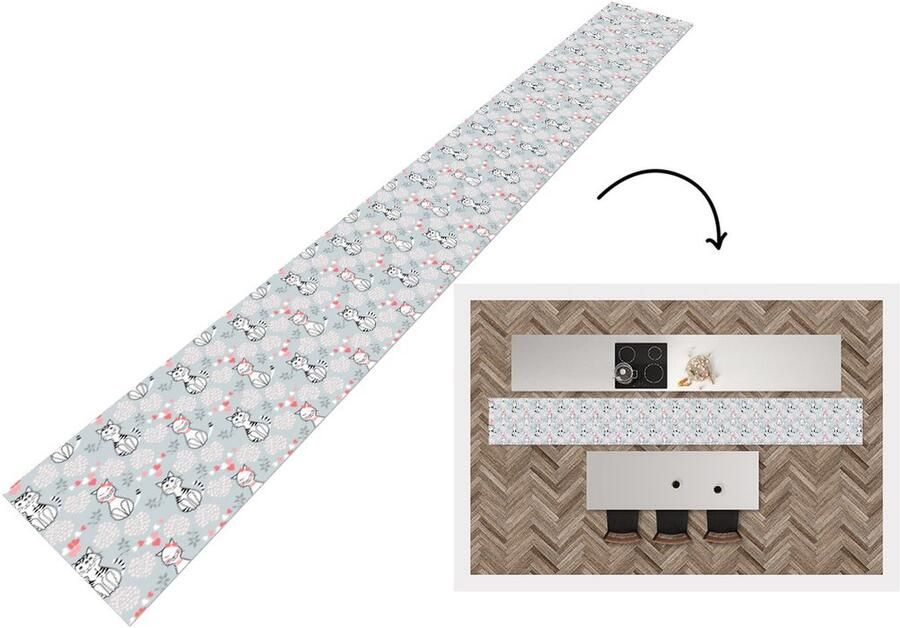 KitchenYeah Keukenloper Keukenmat Patronen Kat Hart 400x50 cm Keuken vloerkleed