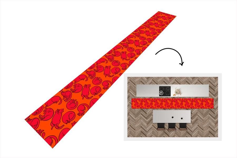 KitchenYeah Keukenloper Keukenmat Patronen Kat Oranje 400x50 cm Keuken vloerkleed