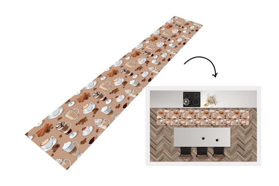 KitchenYeah Keukenloper Keukenmat Patronen Koffie Cappuccino Chocolade 360x60 cm Keuken vloerkleed
