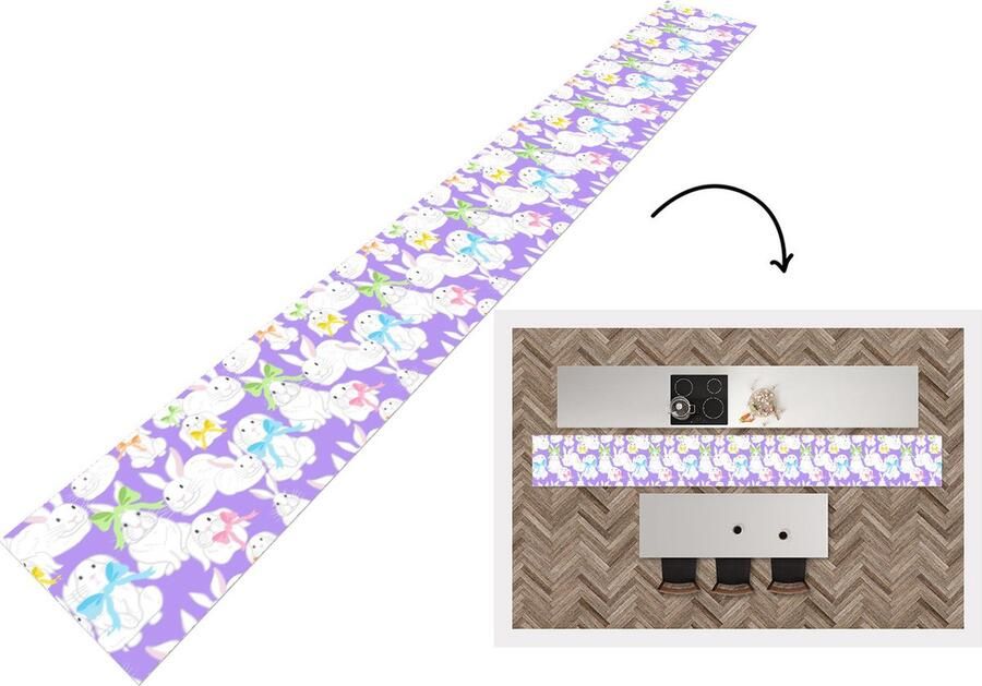 KitchenYeah Keukenloper Keukenmat Patronen Konijn Paars Lente 480x60 cm Keuken vloerkleed