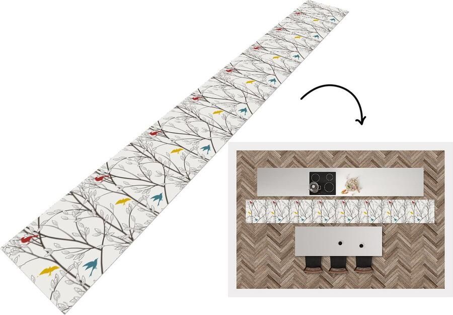 KitchenYeah Keukenloper Keukenmat Patronen Planten Vogel 400x50 cm Keuken vloerkleed