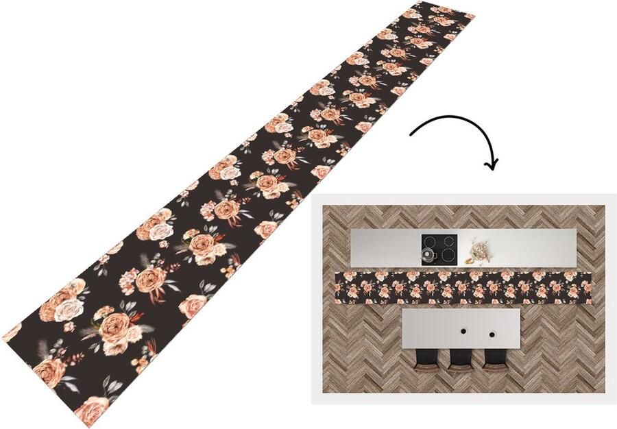 KitchenYeah Keukenloper 400x50 cm Keukenmat vinyl Patronen Rozen Zwart Keukenmatten loper Keuken vloerkleed tapijt