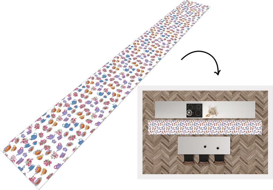 KitchenYeah Keukenloper Keukenmat Patronen Thee Rozen Theepot 400x50 cm Keuken vloerkleed