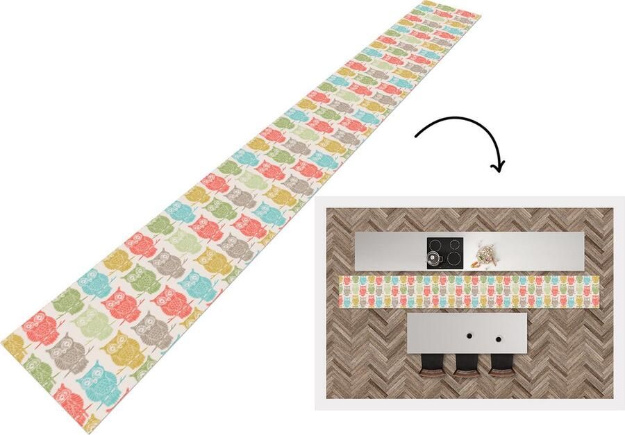 KitchenYeah Keukenloper Keukenmat Patronen Uil Vogels 400x50 cm Keuken vloerkleed