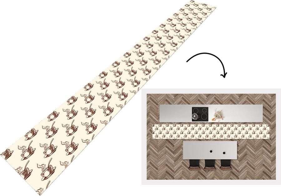 KitchenYeah Keukenloper Keukenmat Patronen Vintage Koffie 480x60 cm Keuken vloerkleed