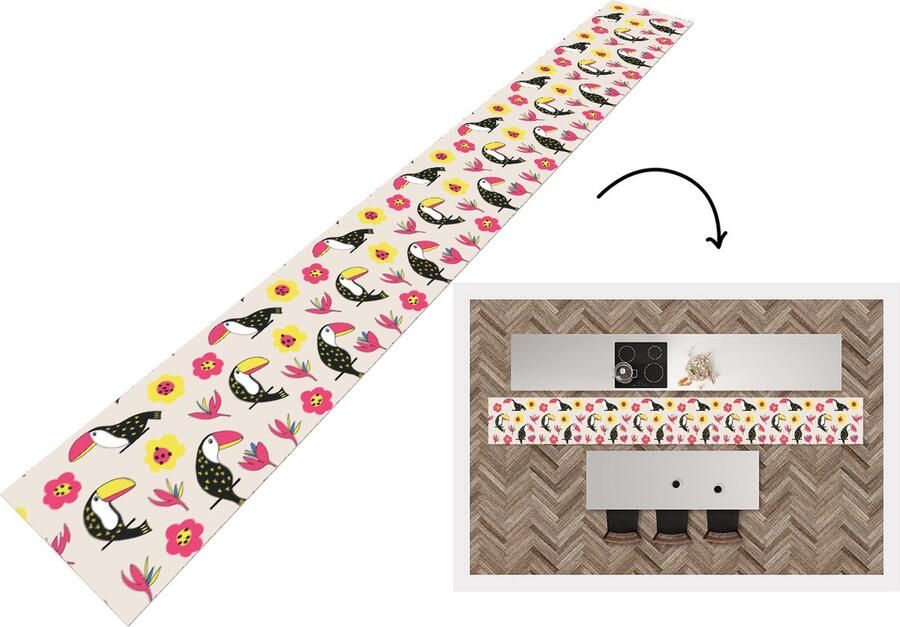 KitchenYeah Keukenloper Keukenmat Patronen Vogel Bloemen 400x50 cm Keuken vloerkleed