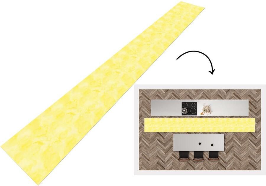 KitchenYeah Keukenloper Keukenmat Patronen Waterverf Geel Marmer 480x60 cm Keuken vloerkleed