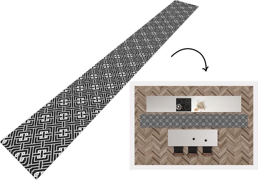 KitchenYeah Keukenloper Keukenmat Patronen Zwart Wit Doolhof 400x50 cm Keuken vloerkleed