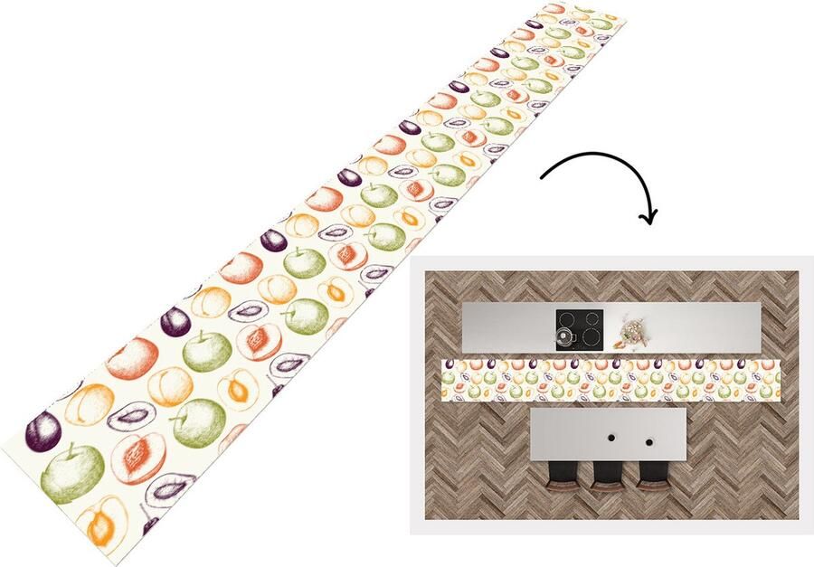 KitchenYeah Keukenloper Keukenmat Patroon Eten Illustratie 480x60 cm Keuken vloerkleed