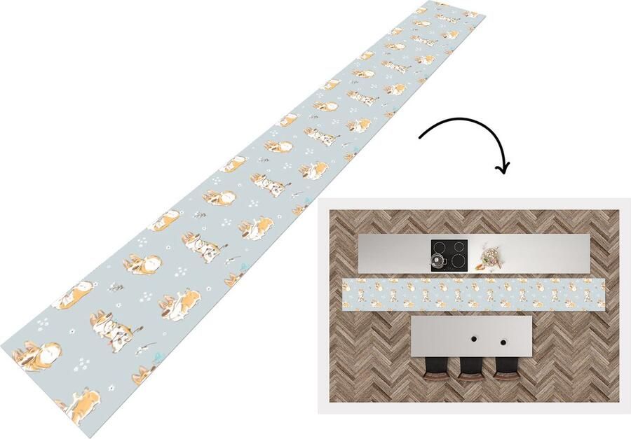 KitchenYeah Keukenloper Keukenmat Patroon Hond Corgi 400x50 cm Keuken vloerkleed