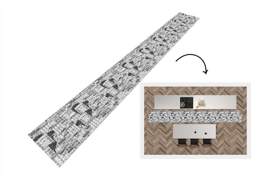 KitchenYeah Keukenloper Keukenmat Patroon Huizen Steden 400x50 cm Keuken vloerkleed