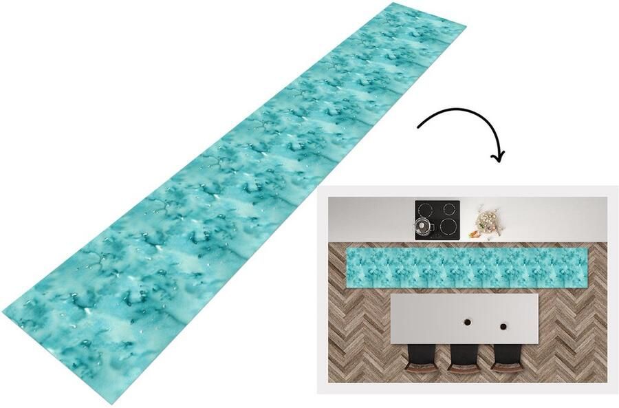 KitchenYeah Keukenloper Keukenmat Patroon Turquoise Waterverf 360x60 cm Keuken vloerkleed