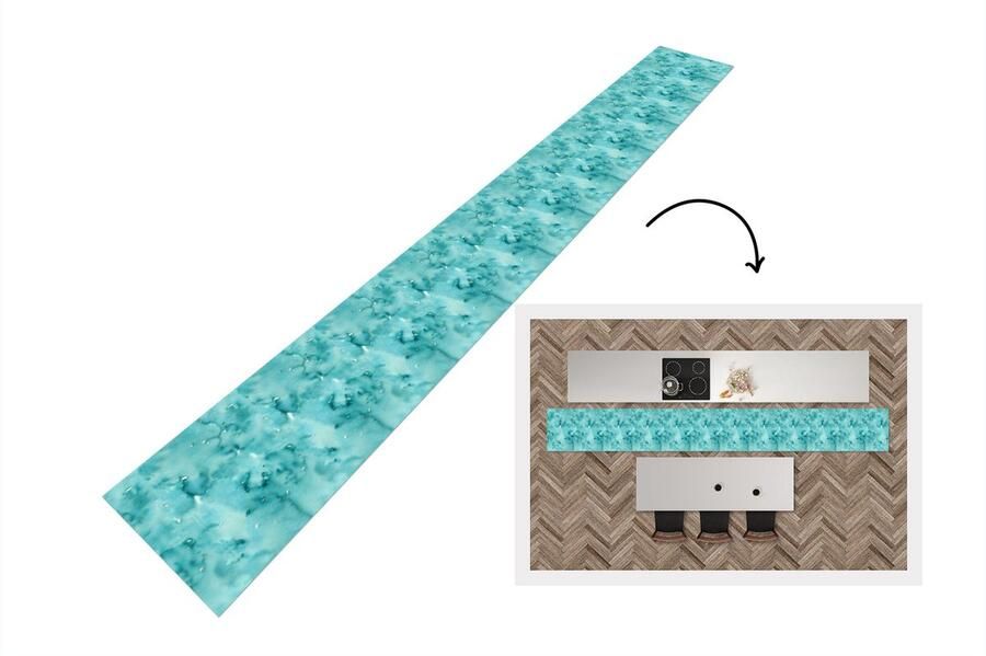 KitchenYeah Keukenloper Keukenmat Patroon Turquoise Waterverf 400x50 cm Keuken vloerkleed