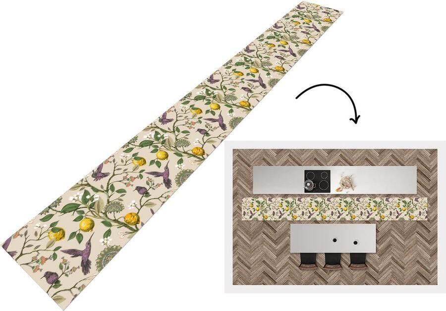 KitchenYeah Keukenloper Keukenmat Patroon Vogel Planten Fruit 400x50 cm Keuken vloerkleed