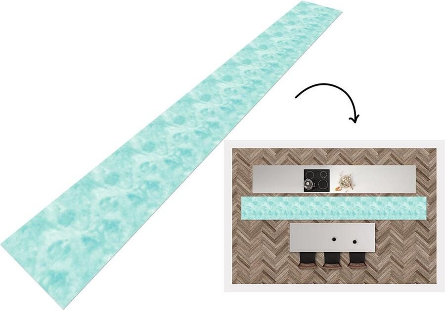 KitchenYeah Keukenloper Keukenmat Patroon Waterverf Turquoise 480x60 cm Keuken vloerkleed