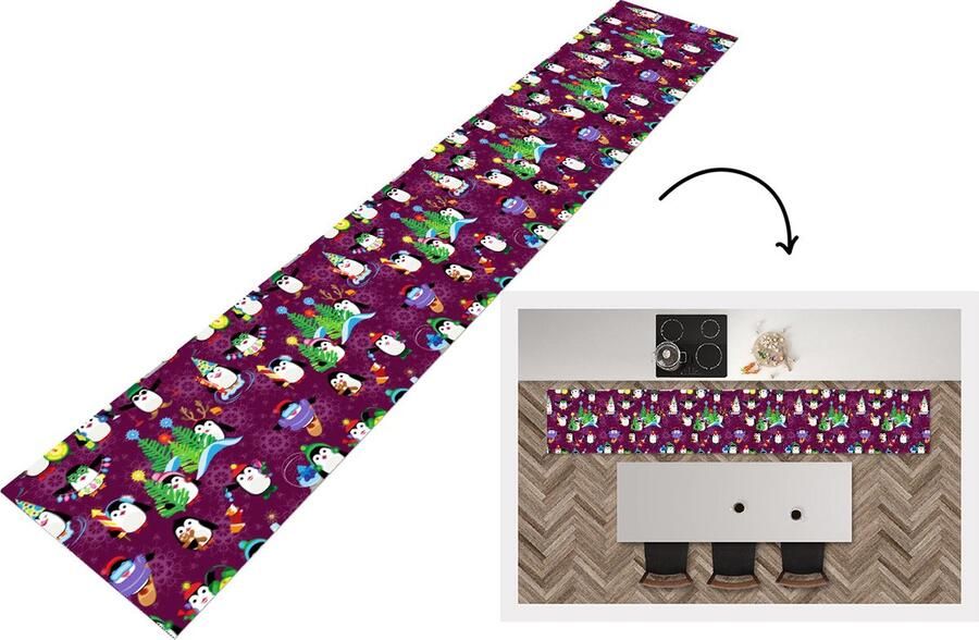 KitchenYeah Keukenloper Keukenmat Pinguïn Kerstmis Vuurwerk Winter Design 360x60 cm Keuken vloerkleed