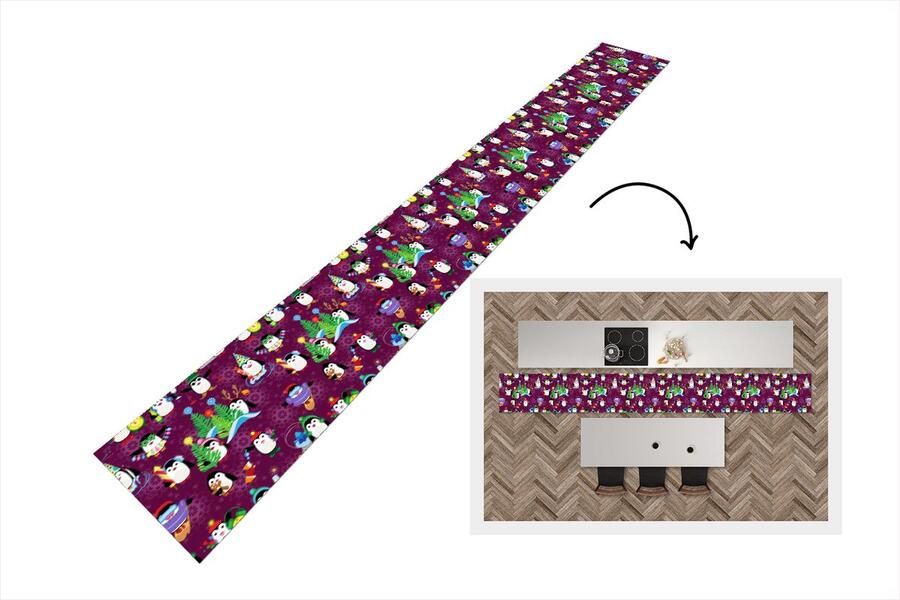 KitchenYeah Keukenloper Keukenmat Pinguïn Kerstmis Vuurwerk Winter Design 480x60 cm Keuken vloerkleed