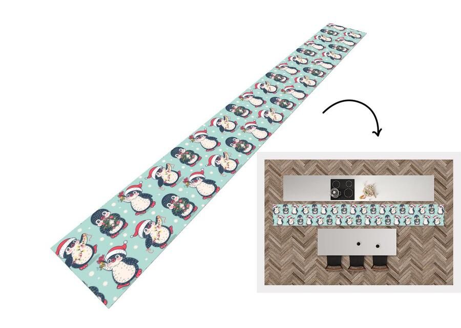 KitchenYeah Keukenloper Keukenmat Pinguïn Lichtsnoer Kerstkrans Patronen 480x60 cm Keuken vloerkleed
