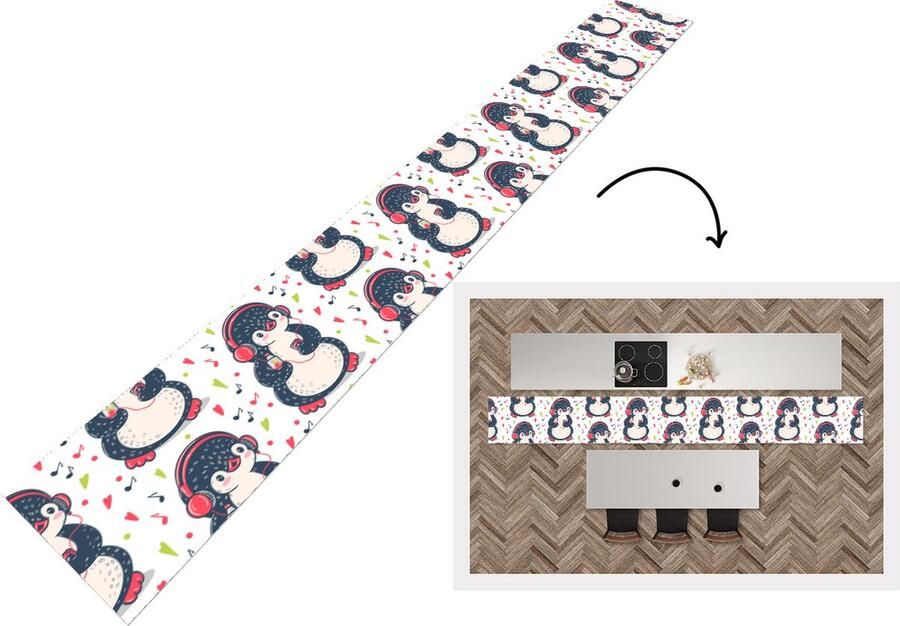 KitchenYeah Keukenloper Keukenmat Pinguïn Muziek Koptelefoon Kinderen Patroon 400x50 cm Keuken vloerkleed