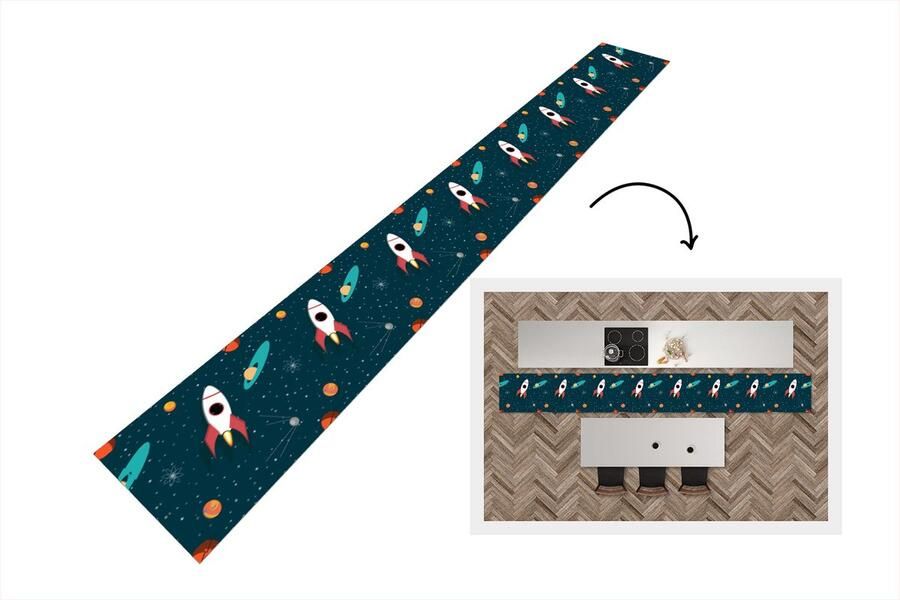 KitchenYeah Keukenloper Keukenmat Raket Ruimte Kinderen Design 480x60 cm Keuken vloerkleed