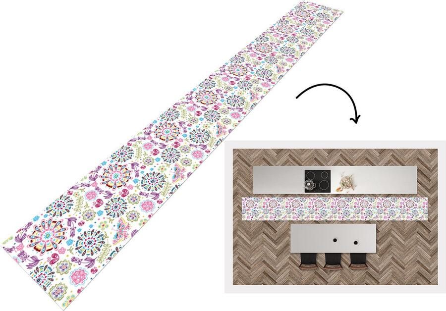 KitchenYeah Keukenloper Keukenmat Regenboog Bloemen Vlinder Design 400x50 cm Keuken vloerkleed