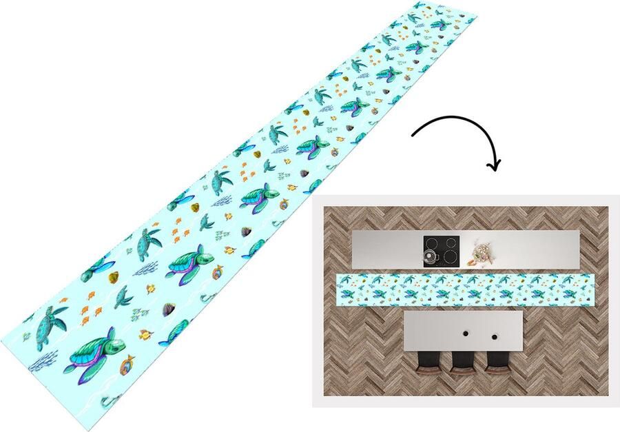KitchenYeah Keukenloper Keukenmat Regenboog Schildpad Vis Water Patronen 400x50 cm Keuken vloerkleed