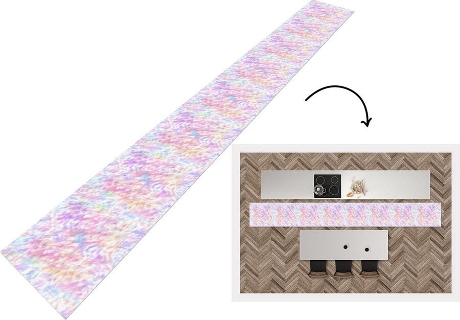 KitchenYeah Keukenloper Keukenmat Regenboog Verf Patroon Tie dye 480x60 cm Keuken vloerkleed