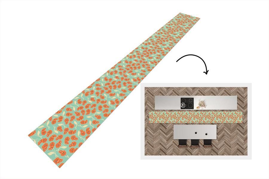 KitchenYeah Keukenloper Keukenmat Retro Bloemen Design Oranje 400x50 cm Keuken vloerkleed