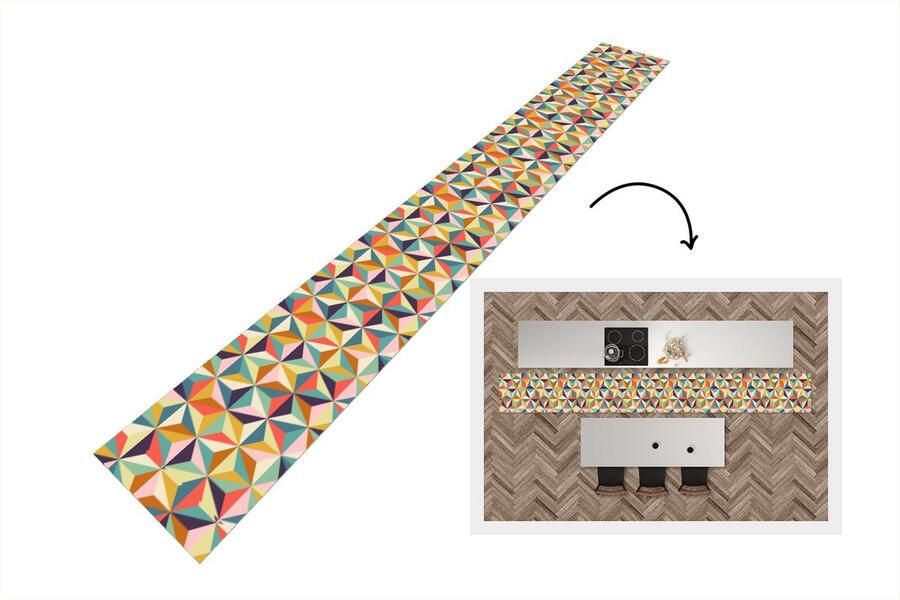 KitchenYeah Keukenloper Keukenmat Retro Regenboog 3D Geometrie Driehoek 480x60 cm Keuken vloerkleed