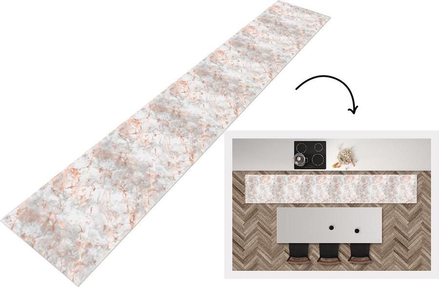 KitchenYeah Keukenloper Keukenmat Rose goud Marmer Wit Patroon 360x60 cm Keuken vloerkleed