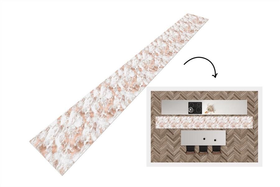 KitchenYeah Keukenloper Keukenmat Rose goud Patroon Marmer Luxe 400x50 cm Keuken vloerkleed