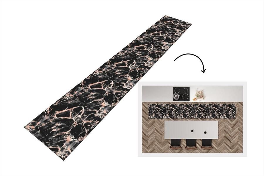 KitchenYeah Keukenloper Loper keuken Roségold Marmer Patronen Zwart 300x50 cm Keukenloper vinyl