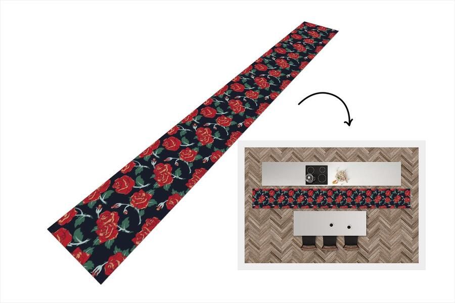 KitchenYeah Keukenloper Keukenmat Rozen Bloem Patroon Rood 400x50 cm Keuken vloerkleed