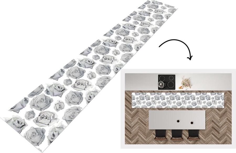 KitchenYeah Keukenloper Keukenmat Rozen Bloem Zwart Wit Patroon 360x60 cm Keuken vloerkleed