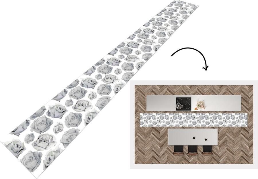 KitchenYeah Keukenloper Keukenmat Rozen Bloem Zwart Wit Patroon 480x60 cm Keuken vloerkleed