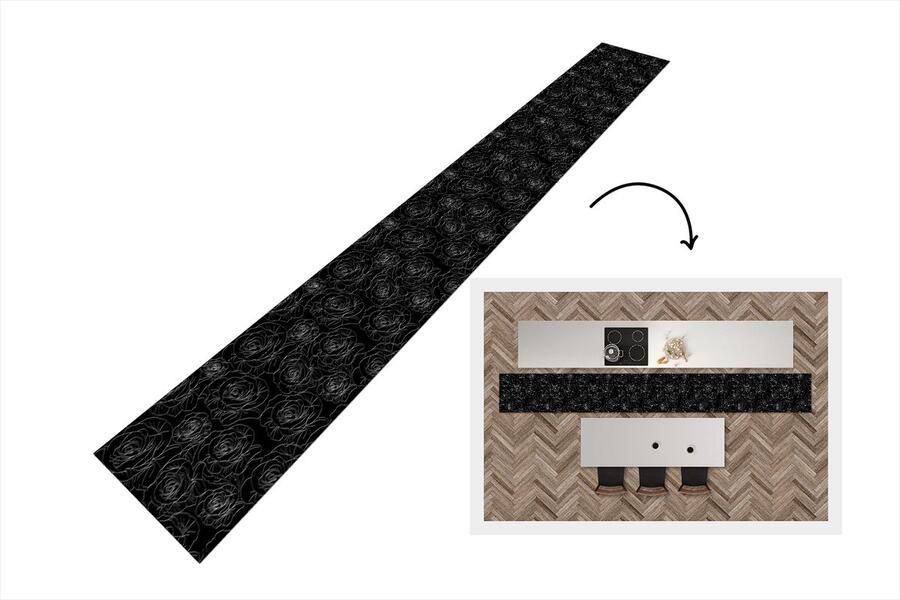 KitchenYeah Keukenloper Keukenmat Rozen Zwart Wit Patroon 400x50 cm Keuken vloerkleed