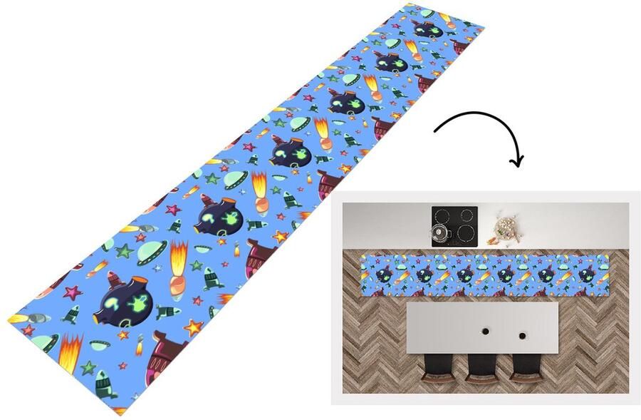 KitchenYeah Keukenloper Keukenmat Ruimte Regenboog Ufo Raket Design 360x60 cm Keuken vloerkleed