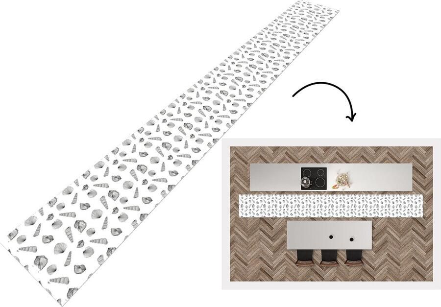 KitchenYeah Keukenloper Keukenmat Schelp Zwart Wit Design 480x60 cm Keuken vloerkleed