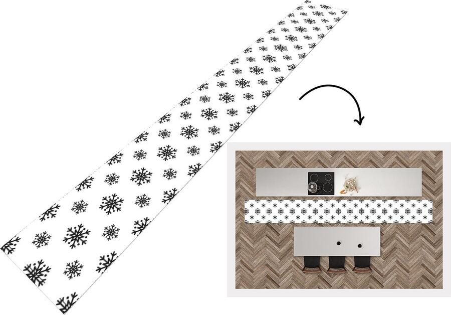 KitchenYeah Keukenloper Keukenmat Sneeuwvlok Winter Zwart Wit Patronen 400x50 cm Keuken vloerkleed