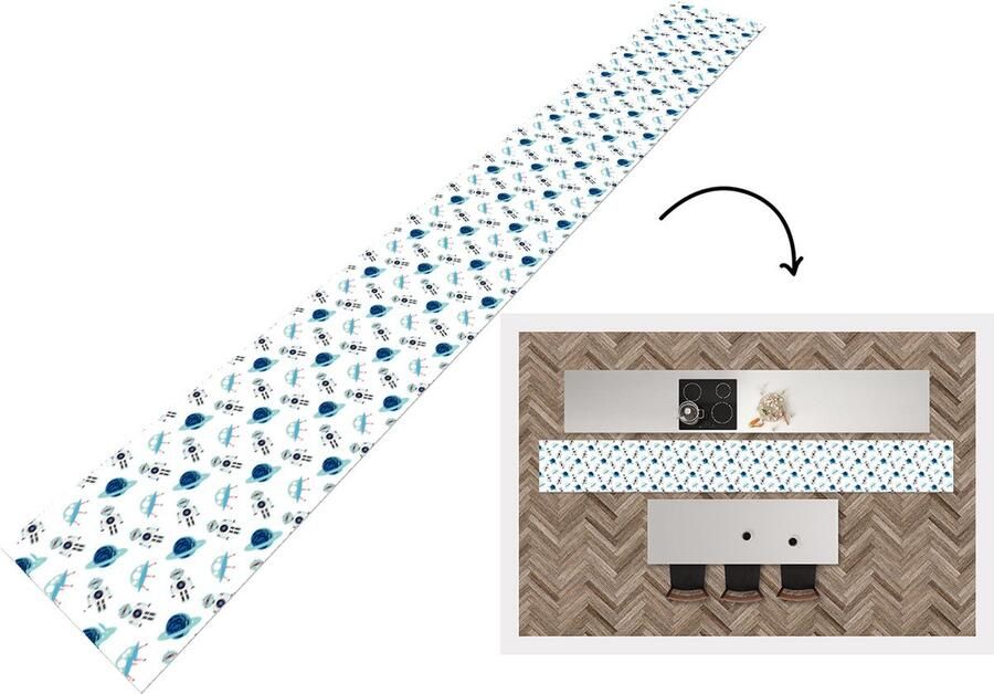 KitchenYeah Keukenloper Keukenmat Space Robot Planeten Patroon 400x50 cm Keuken vloerkleed