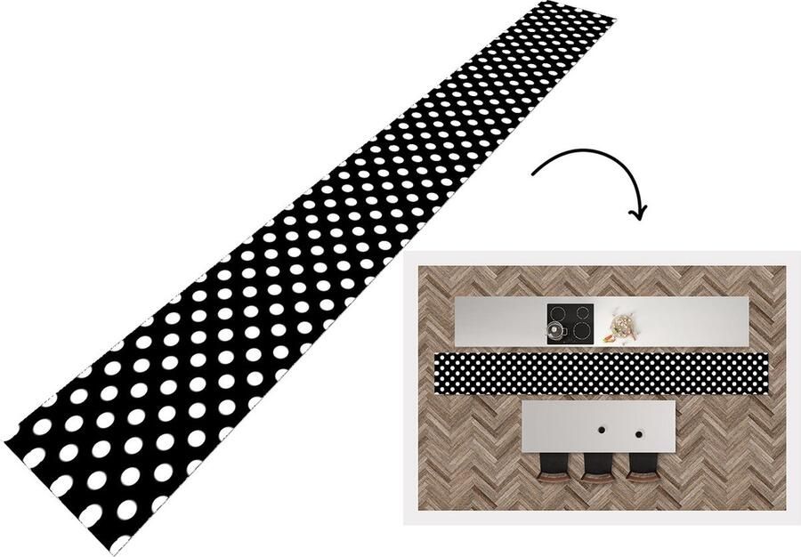 KitchenYeah Keukenloper Keukenmat Stippen Patronen Zwart Wit 480x60 cm Keuken vloerkleed