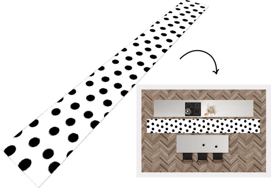 KitchenYeah Keukenloper Keukenmat Stippen Patroon Zwart Wit 400x50 cm Keuken vloerkleed