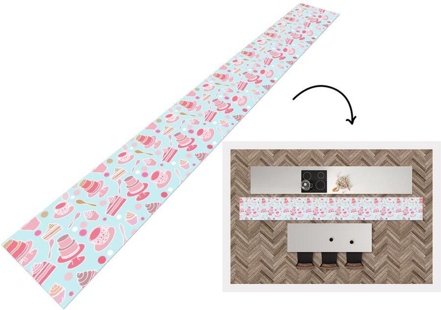 KitchenYeah Keukenloper Keukenmat Taart Thee Cupcake Roze Design 400x50 cm Keuken vloerkleed