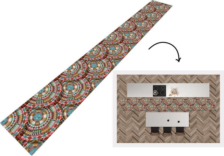 KitchenYeah Keukenloper Keukenmat Tegel Azteken Cirkels Patronen 480x60 cm Keuken vloerkleed